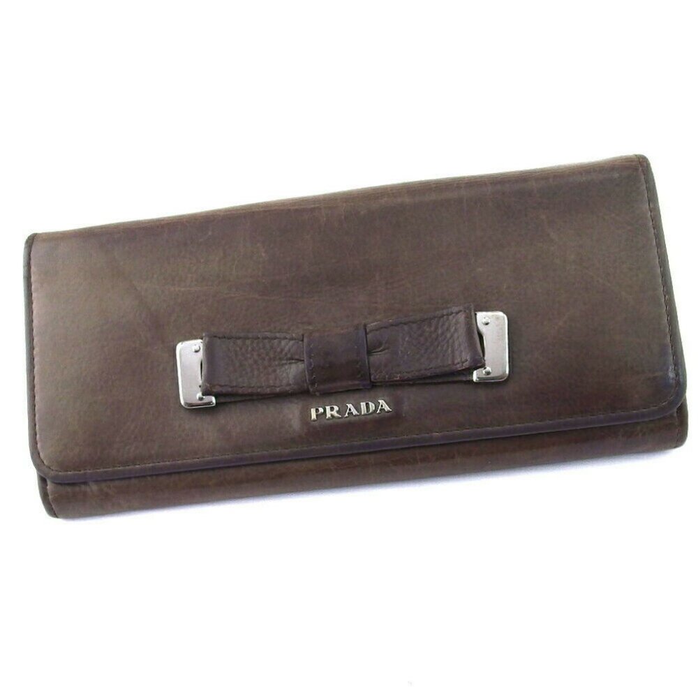 PRADA Purse Ribbon Gray Gray Leather Auth USED H811